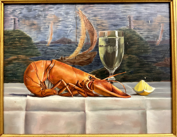 Lobster + Wine Bottle by Julie Y Baker Albright