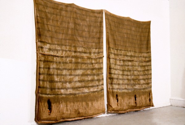 Inside-Out Burlap Bag Painting (green stripes four slits) by Howard Schwartzberg