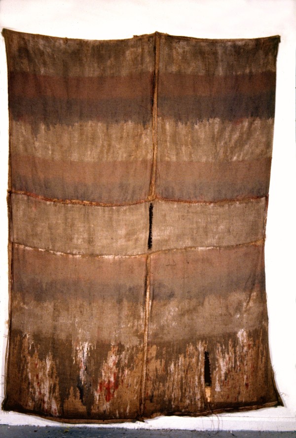 Inside-Out Burlap Bag Painting (red and brown stripes seam and slit) by Howard Schwartzberg
