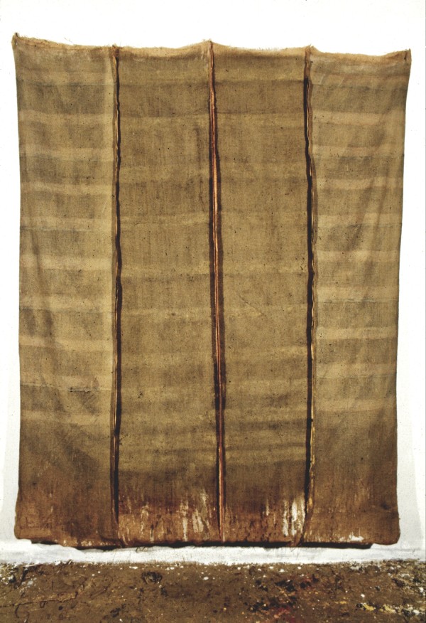 Inside-Out Burlap Bag Painting (Three Seam Lines) by Howard Schwartzberg