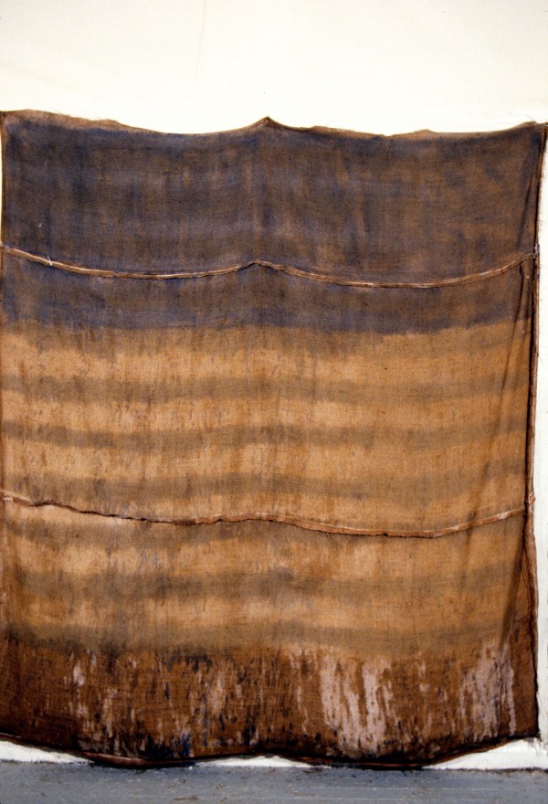 Inside-Out Burlap Bag Painting (blue stripes) by Howard Schwartzberg