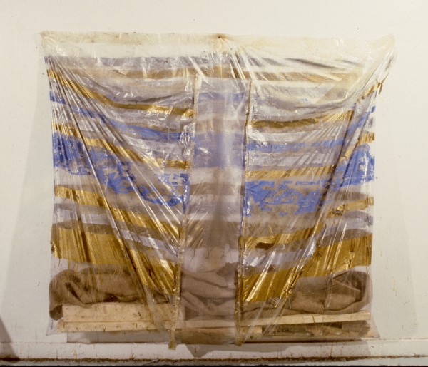 Transparent Plastic Bag Painting (blue and gold stripes)