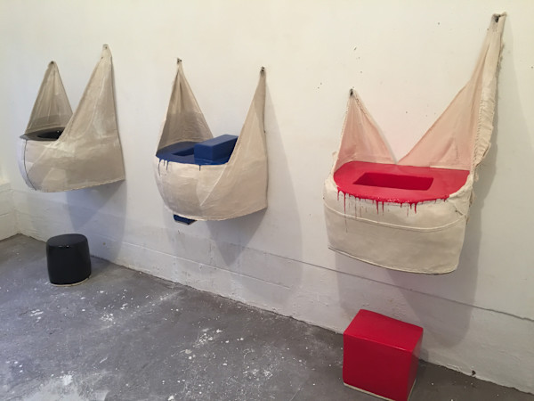 Bag Painting (Instalation ) black hole from the whole, possitive and negative blue, red minus red 2017 by Howard Schwartzberg
