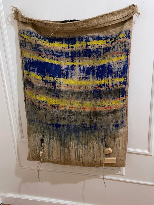Inside-Out Burlap Bag Painting (blue monochrome over stripes) by Howard Schwartzberg