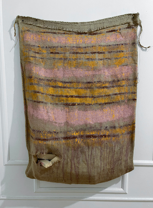 Inside-Out Burlap Bag Painting (orange monochrome over stripes) by Howard Schwartzberg