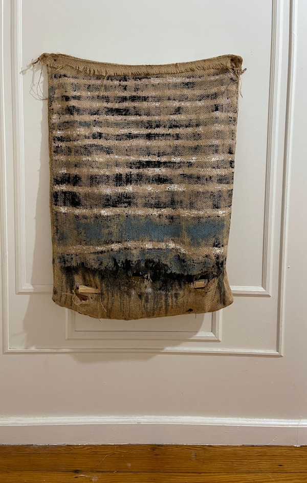 Inside-Out Burlap Bag Painting (black monochrome over stripes) by Howard Schwartzberg