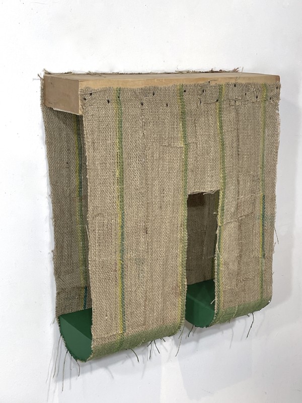 Suspended Painting, jute/burlap (green-yellow with sewn vertical stripes) cut by Howard Schwartzberg