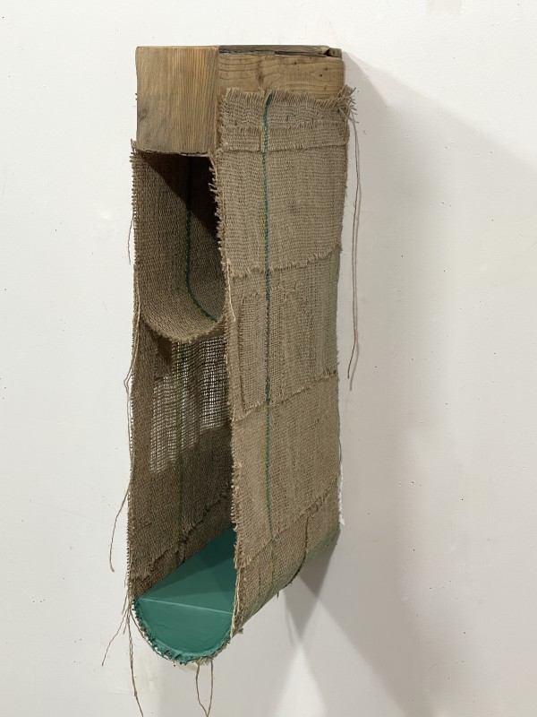 Suspended Painting, jute/burlap, (green blue minus green blue with one sewn vertical stripe) by Howard Schwartzberg