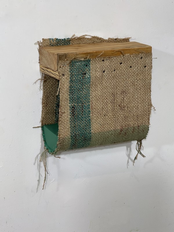 Suspended Painting, jute/burlap (green blue with sewn wide vertical stripe) by Howard Schwartzberg