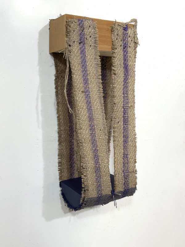 Suspended Painting, jute/burlap (violet dark blue with two sewn vertical stripes) open side, front slit by Howard Schwartzberg