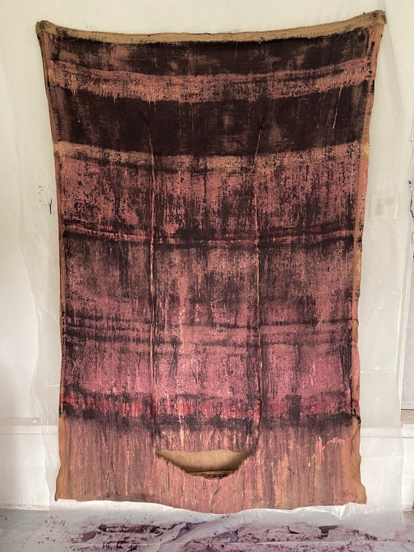 Inside-Out Burlap Bag Painting (burgundy) by Howard Schwartzberg