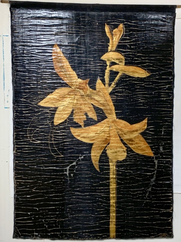 Gold Orchids on Black Tapestry by Roberta Ahrens