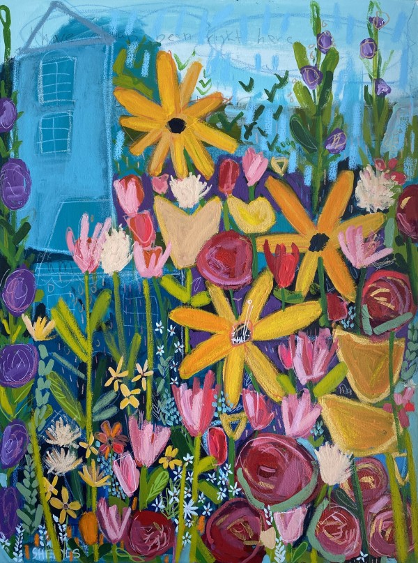 Wild garden with Purple Hollyhocks by Sheryl Siddiqui Art