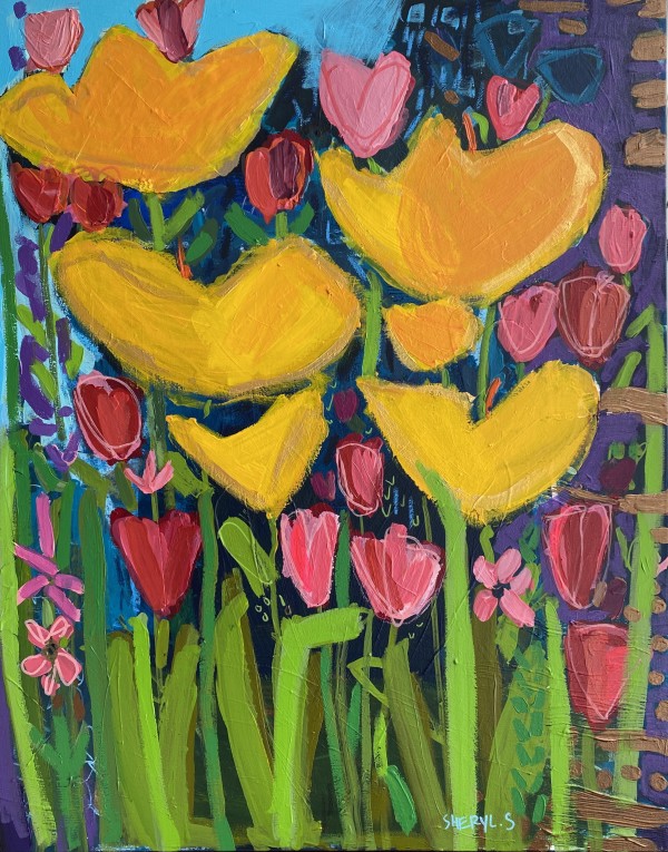 Yellow Flowers with Pink and Red Tulips by Sheryl Siddiqui Art