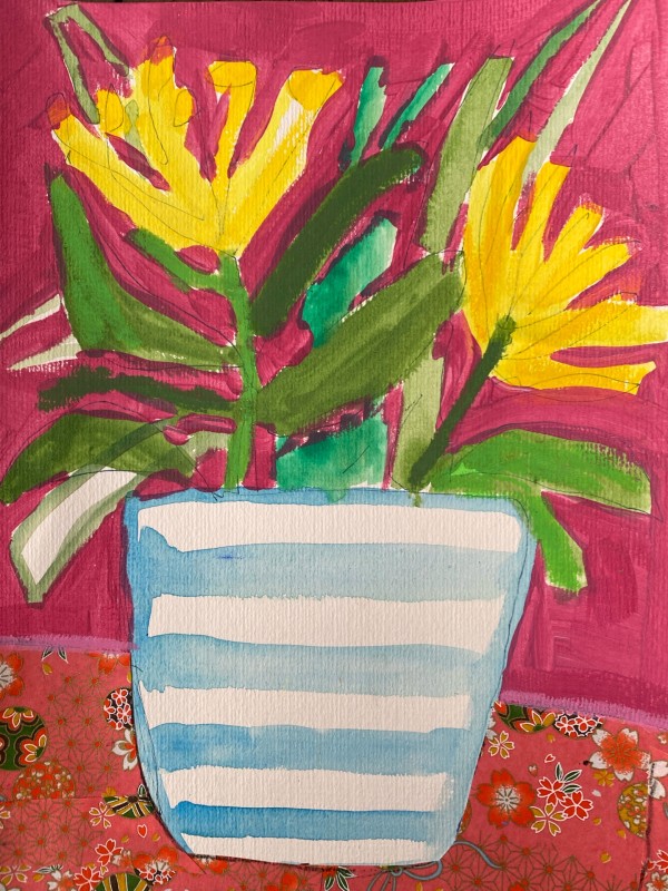 Striped Pot Yellow Flowers by Sheryl Siddiqui Art