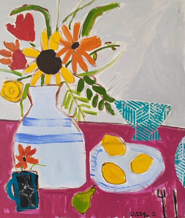 Floral with Lemons on Pink by Sheryl Siddiqui Art