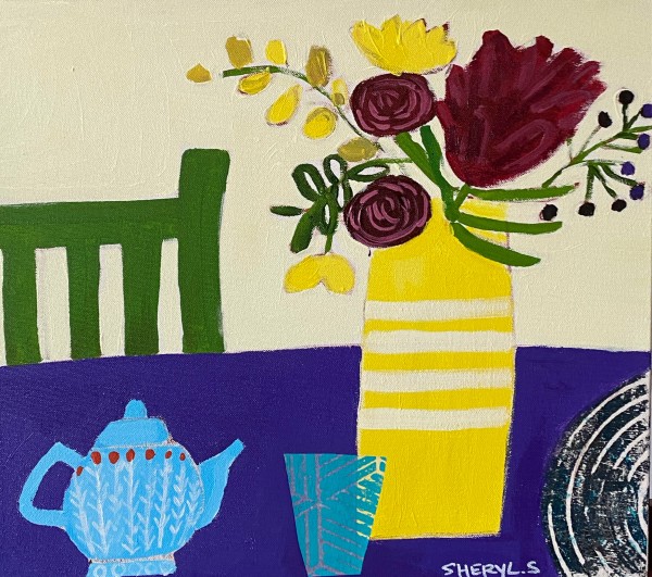 Floral with a Yellow  Vase on a Purple Table by Sheryl Siddiqui Art