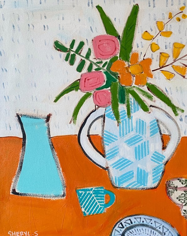 Floral White Vase in Orange by Sheryl Siddiqui Art
