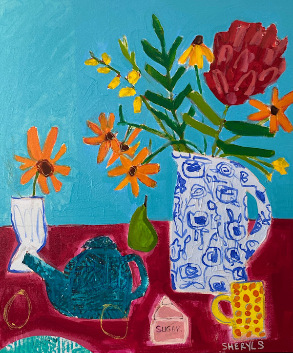 Floral with teapot on pink by Sheryl Siddiqui Art