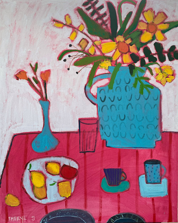 Blue Vase Yellow Flowers on Pink by Sheryl Siddiqui Art
