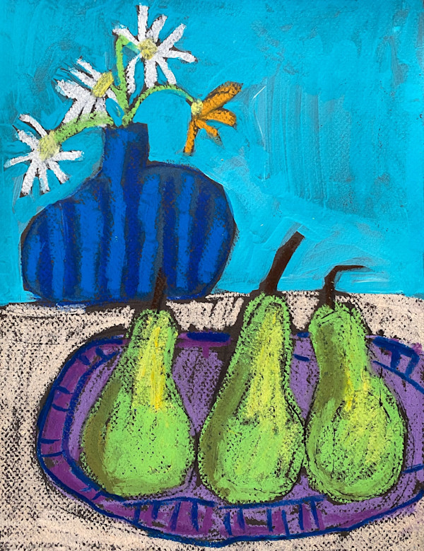 Pears and Blue Vase by Sheryl Siddiqui Art