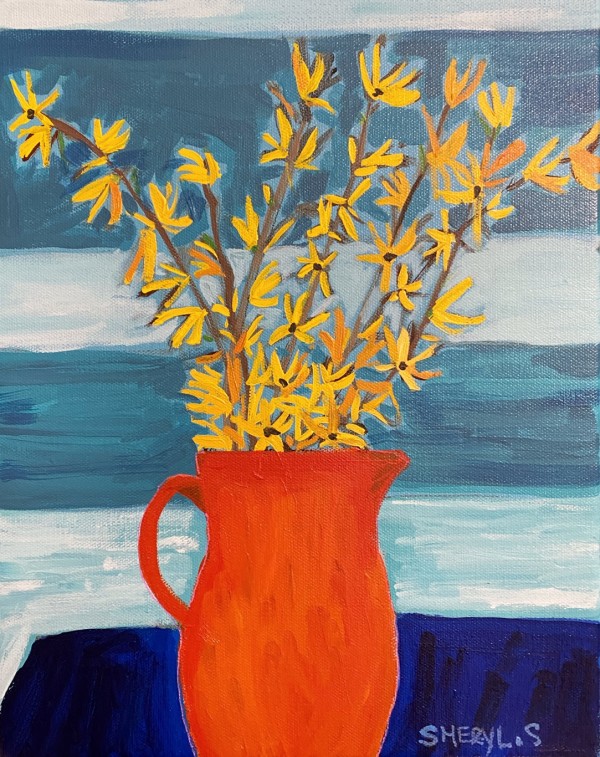 Forsythia in a Orange Vase by Sheryl Siddiqui Art