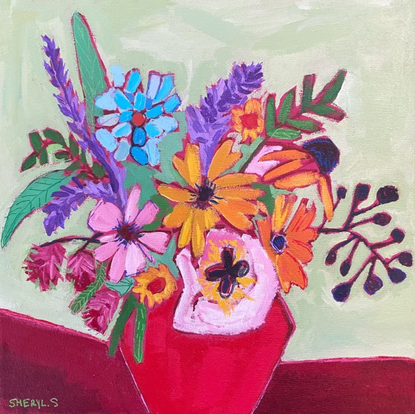 Cut Flowers in a Red Vase by Sheryl Siddiqui Art