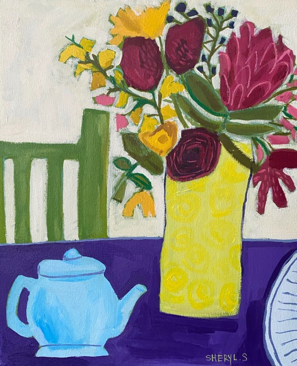 Protea with Yellow Vase and Green Chair by Sheryl Siddiqui Art