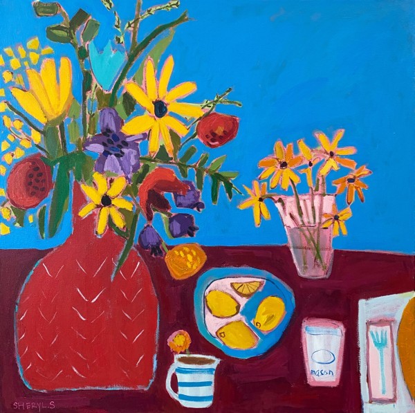 Cut Flowers In a Red Vase by Sheryl Siddiqui Art
