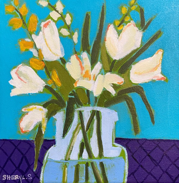 White Tulips on Purple and Teal by Sheryl Siddiqui Art