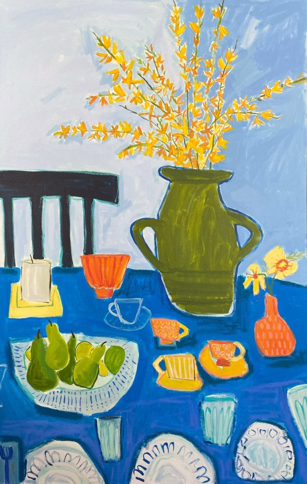 Pears with Green Vase and Forsythia by Sheryl Siddiqui Art