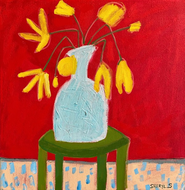 Yellow Flowers on Red by Sheryl Siddiqui Art