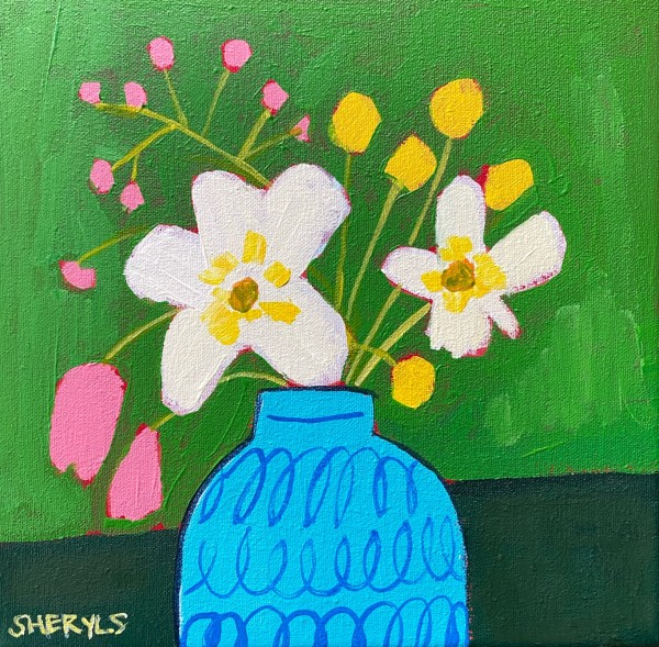 Blue Vase with Billy Buttons by Sheryl Siddiqui Art