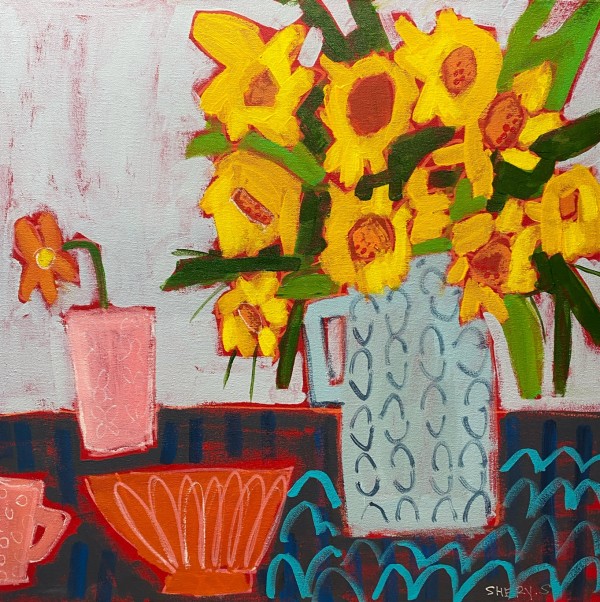 Yellow Flowers on Grey by Sheryl Siddiqui Art