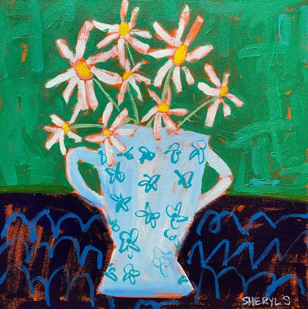 Daisy s on Green and Blue by Sheryl Siddiqui Art