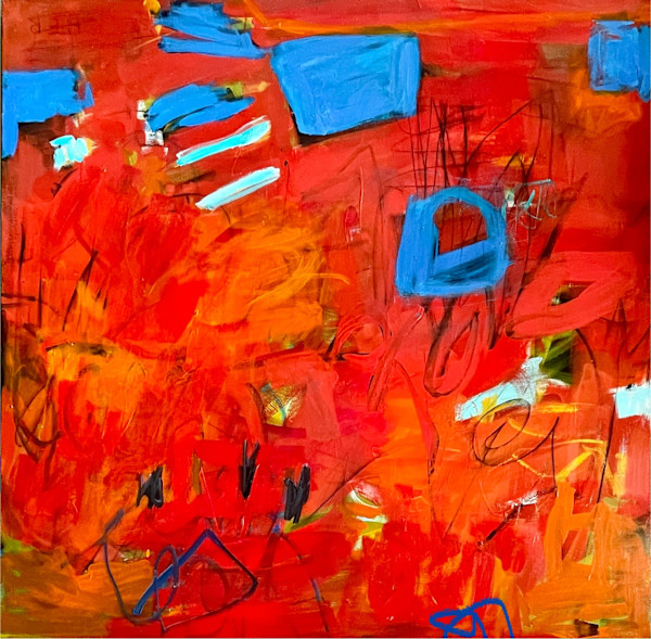 Beauty Shines In All That You Can See 48'x48" ( red one) with the blue squares by Miriam Traher