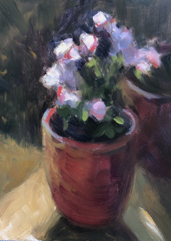 Pink flowers in Red Pot by Laurie Maher