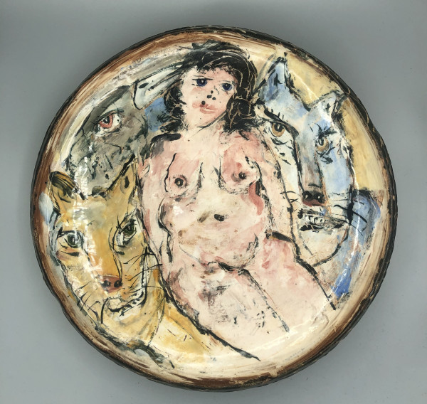 Large Platter with Woman and the Usual Suspects by Ron Meyers