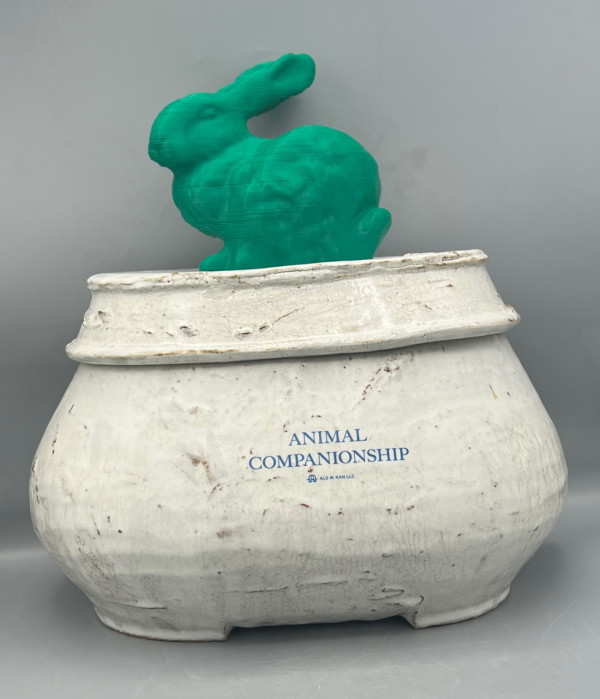 Animal Companionship Lidded Vessel with 3D Printed Green Rabbit by Wesley Barnes