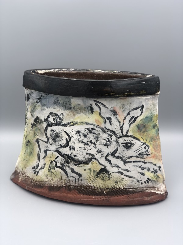Rabbit and Fox Oval Vase by Ron Meyers