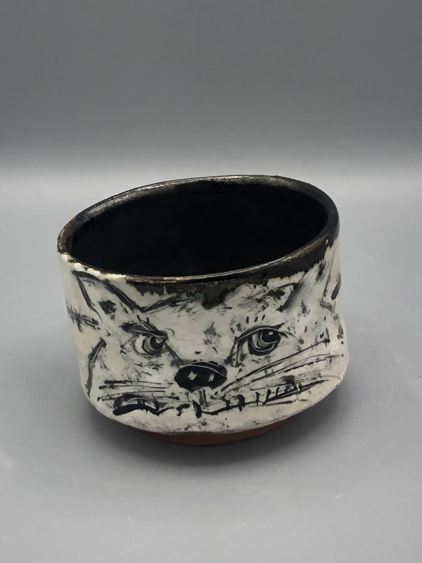 Teabowl with White Cat and Running Mouse/Rat by Ron Meyers