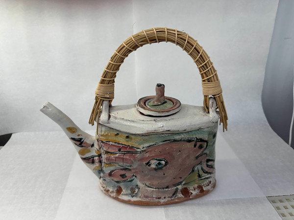 Pink Goat & Grey Cat Teapot with Rattan Handle by Ron Meyers