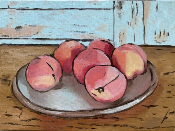 Six peaches on a plate