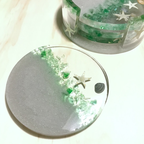 Green Seaglass and Sand Coaster Set