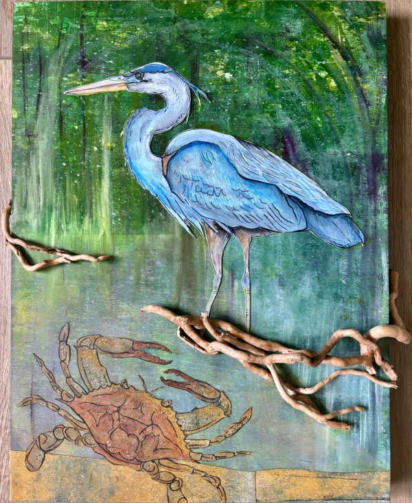 Blue Heron and Crab by Anne Michael