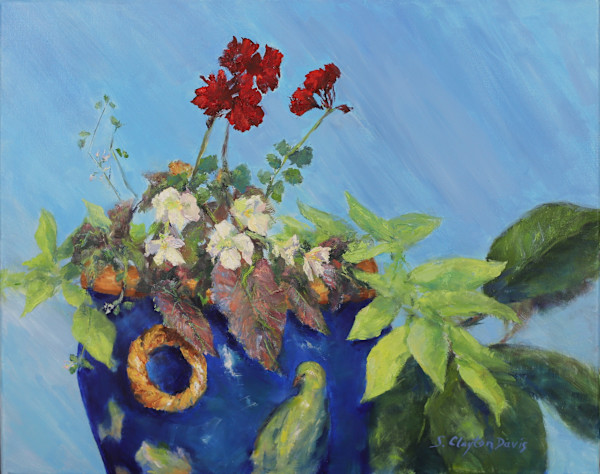 Geraniums in Blue Pot by Sarah Clayton Davis