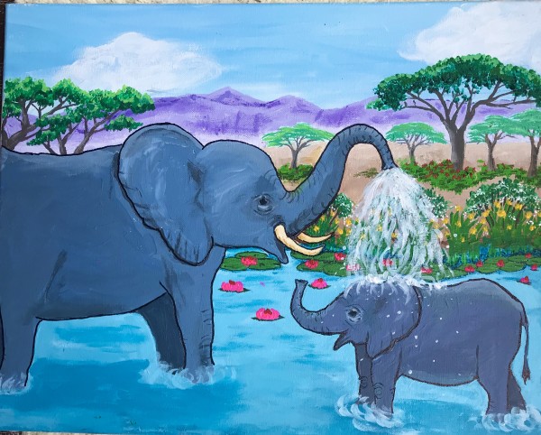 Mother Elephant Bathing Baby Elephant by Kathy Losonczy