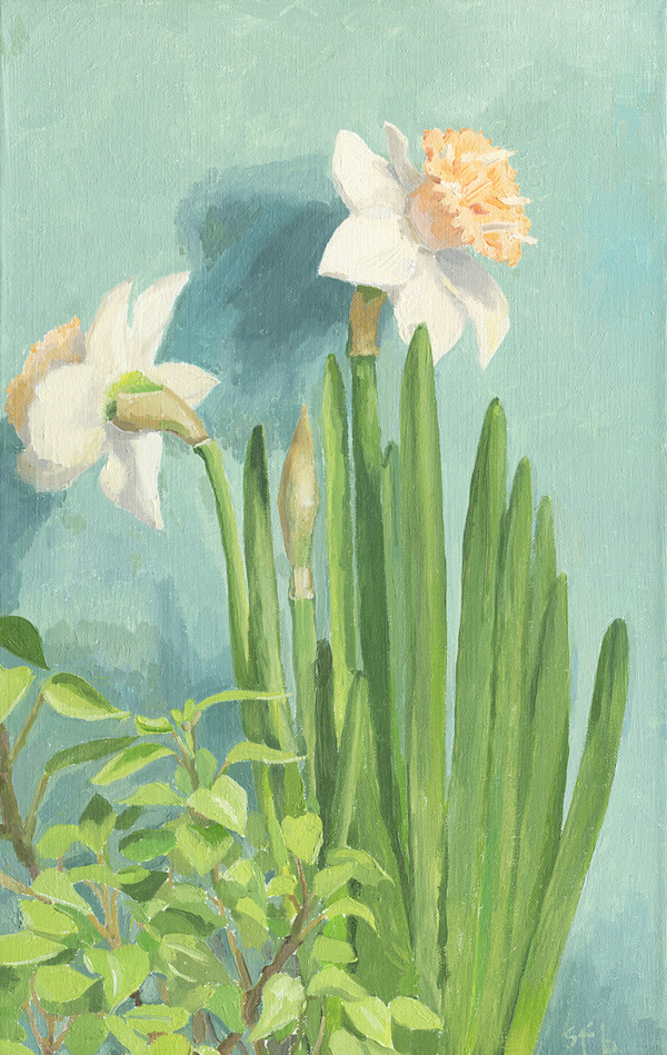 Daffodils with a House Plant by Sarah F. Burns