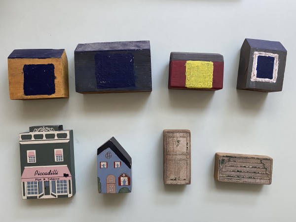 Assorted wooden buildings and blocks by folk art unknown
