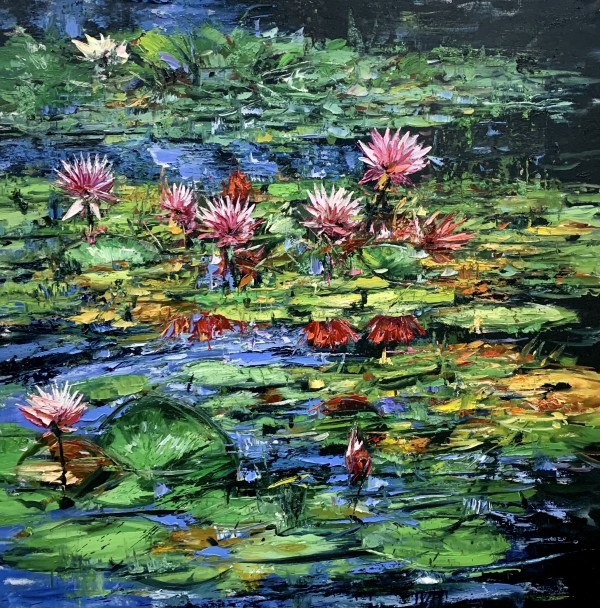 Water Garden with Red Blooms by Eric Alfaro